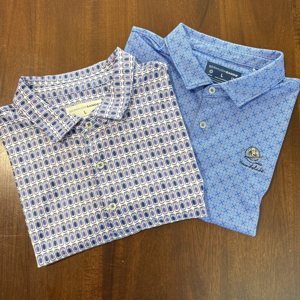 Bermuda Sands Mens Golf Polo Shirts L UPF 50 Novelty Can Floral Embroidered Logo